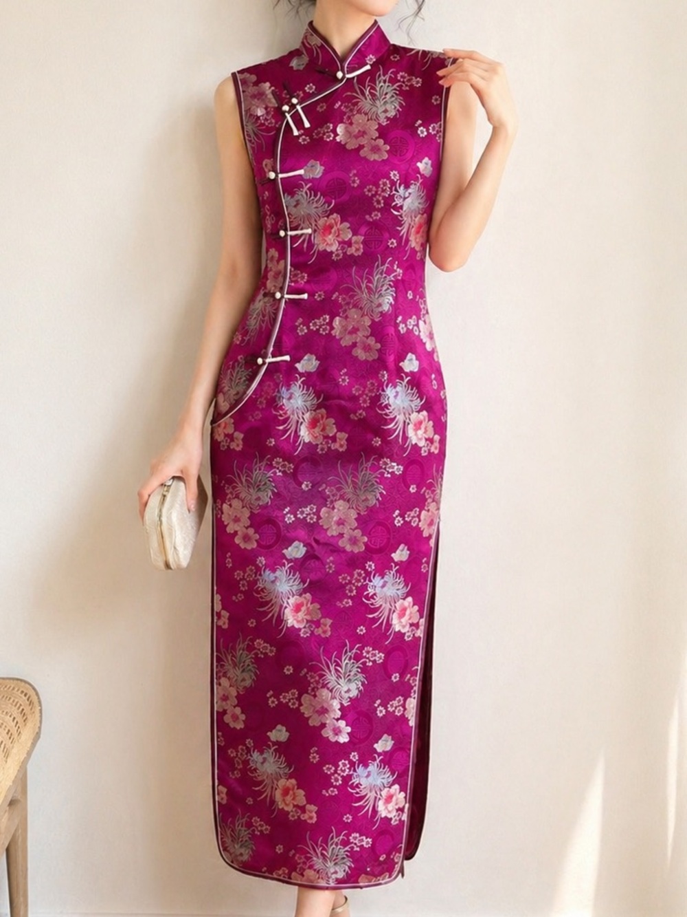 Elegant magenta floral qipao dress
